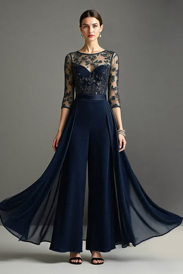 Navy Round Neck 3/4 Sleeves Mother Of The Bride Jumpsuit With Streamer